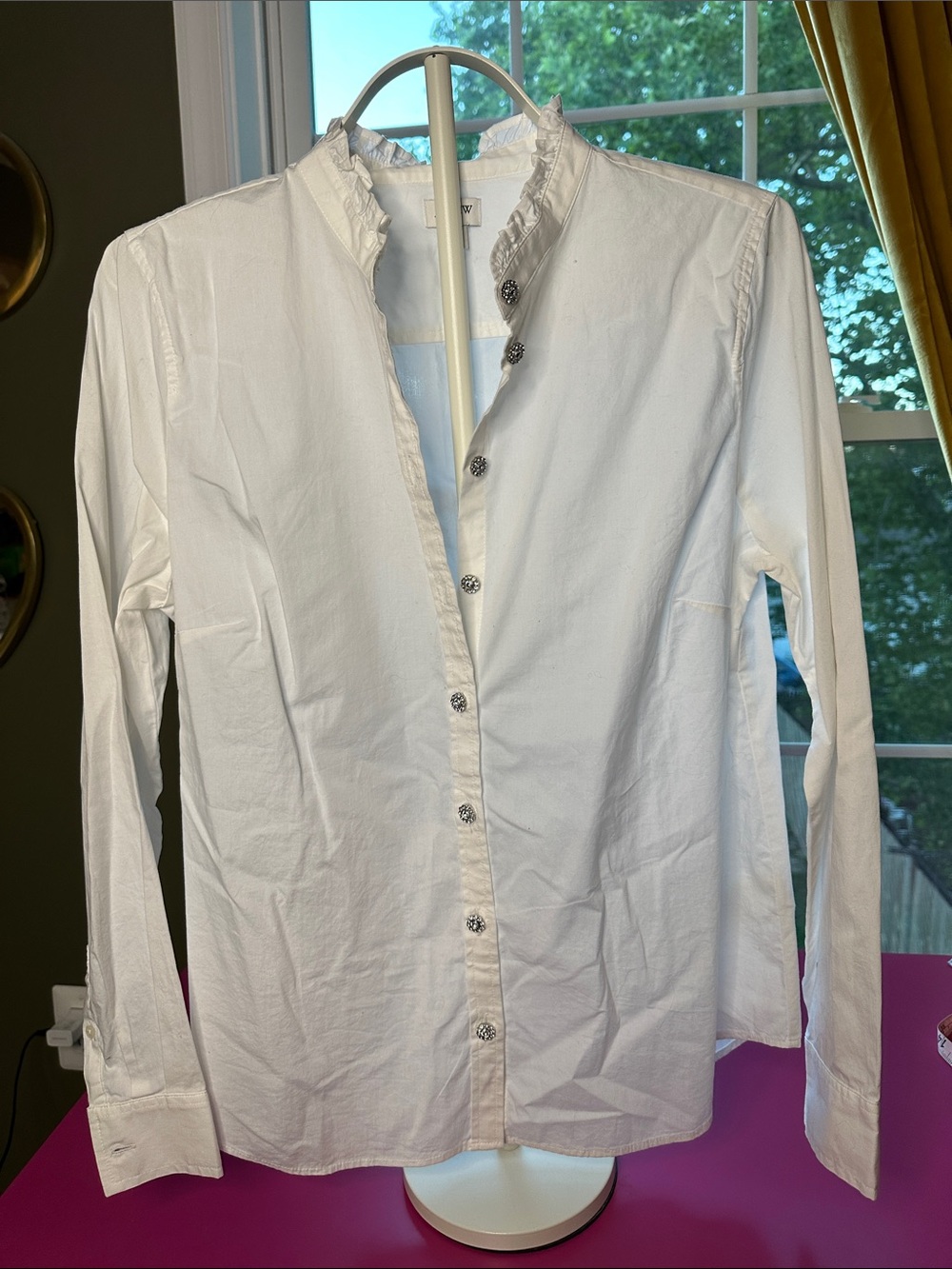 J. Crew White Long-Sleeve Ruffled Stand-Collar Dress Shirt